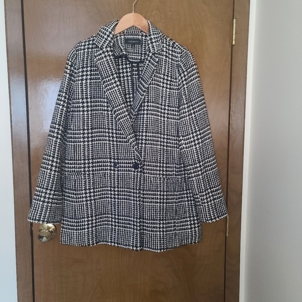 Talbots Women's Petite Black/White Wool Blend Houndstooth Blazer Jacket Size 14